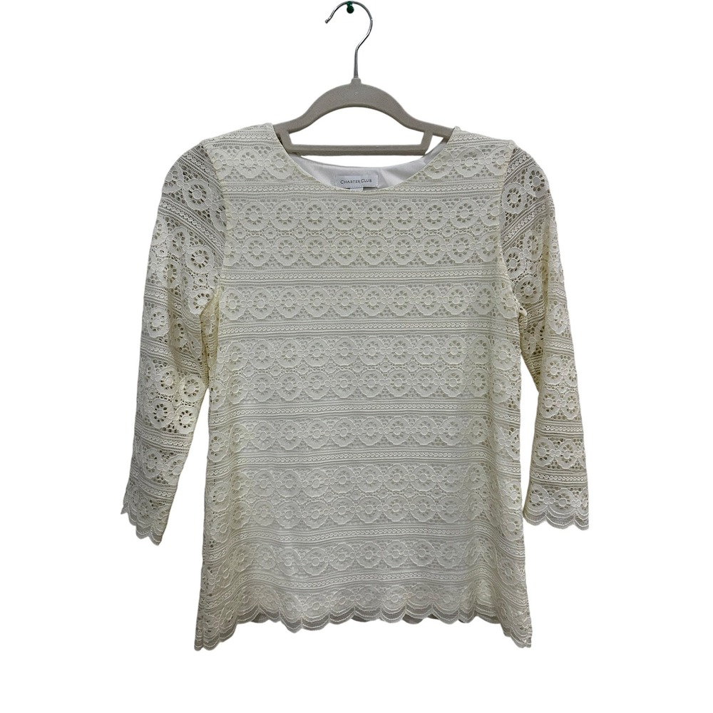 Charter Club Womens Petite Lace Blouse Cream 3/4 Sleeve Scalloped Hem Top PS